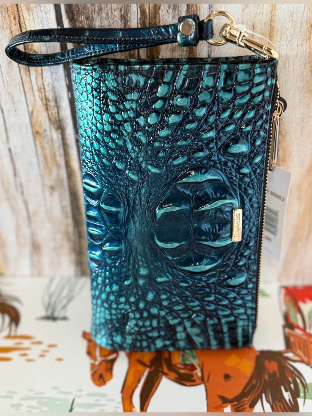 PERFECT EYE Brahmin DAISY Leather Wristlet Clutch BLUE PATINA assorted blue